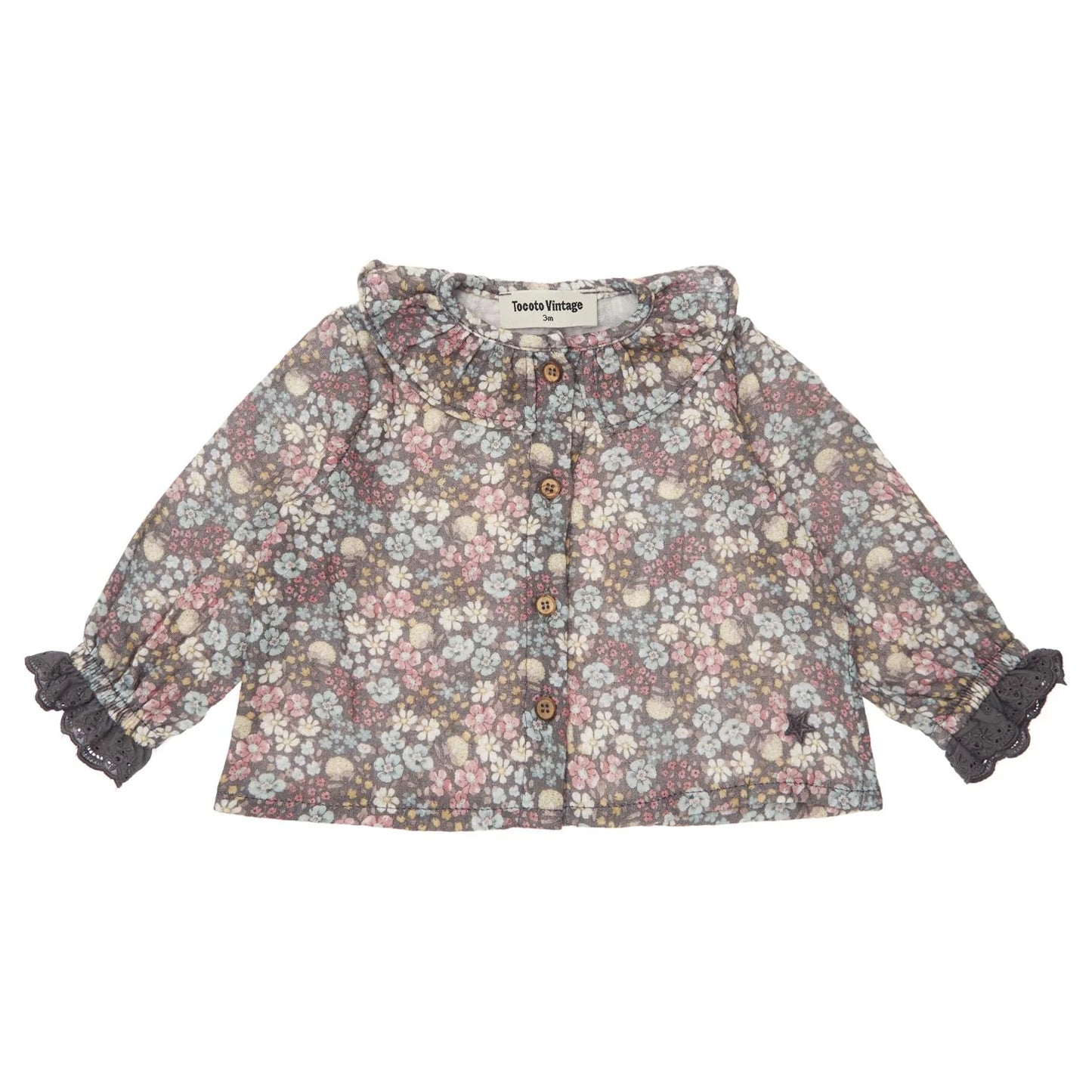 TOCOTO VINTAGE - Dark Grey Liberty Flowers Blouse + Bloomer Set (3M)