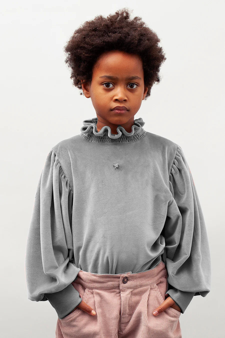 TOCOTO VINTAGE - Light Grey Velvet Blouse (6Y)