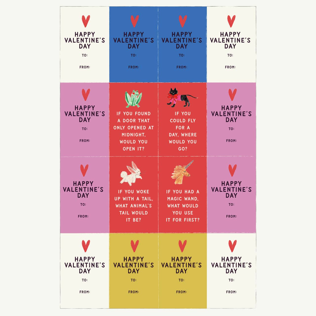 Colorful Would You Rather Valentine card design with kid-friendly illustrations