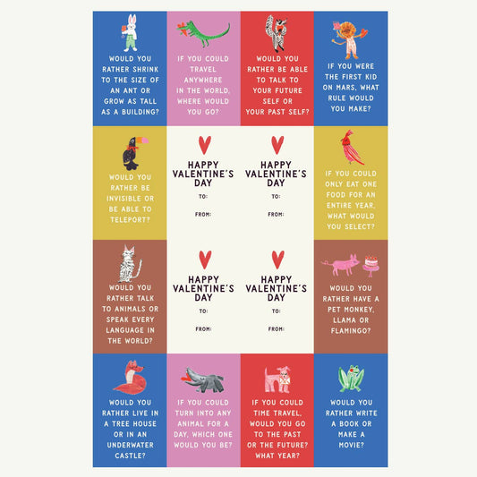 Mr. Boddington’s Studio Would You Rather Valentine cards featuring colorful illustrated questions for kids, classroom set of 32