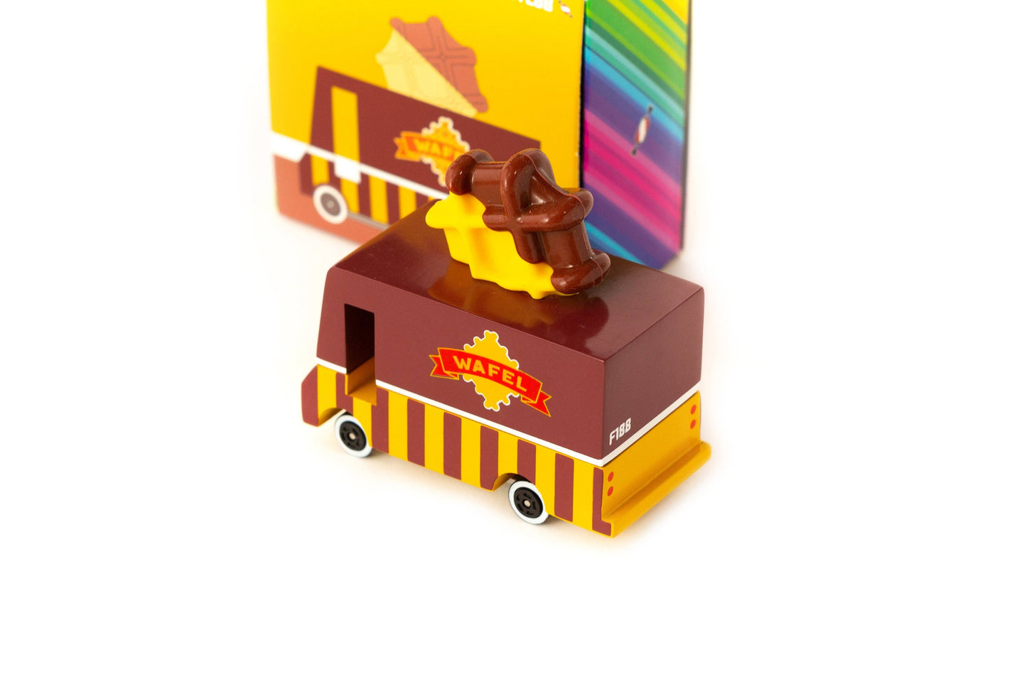 Toy truck with a character on top against a white background