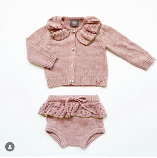 TOCOTO VINTAGE - Pink Knit w/ Gold Trim Cardigan and Bloomer (3M)